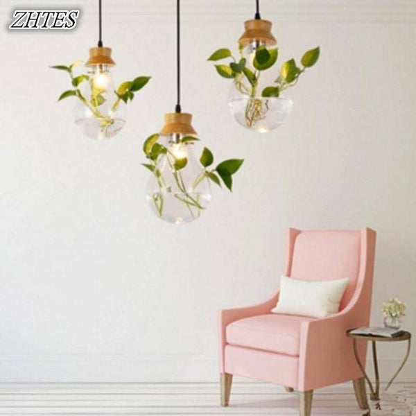 Suspension bocal en verre pour fleurs, support en bois