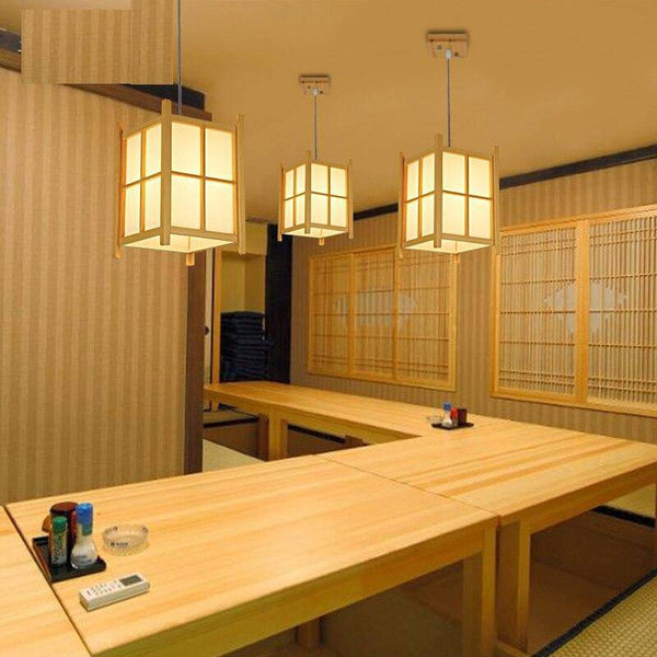 Suspension LED en bois style lanterne japonaise rustique