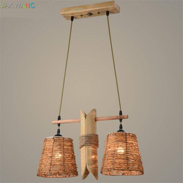 Suspension rustique LED avec abat-jours en rotin - Éclairage chaleureux