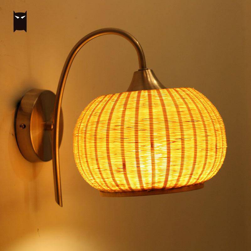 Applique murale LED en rotin avec abat-jour arrondi
