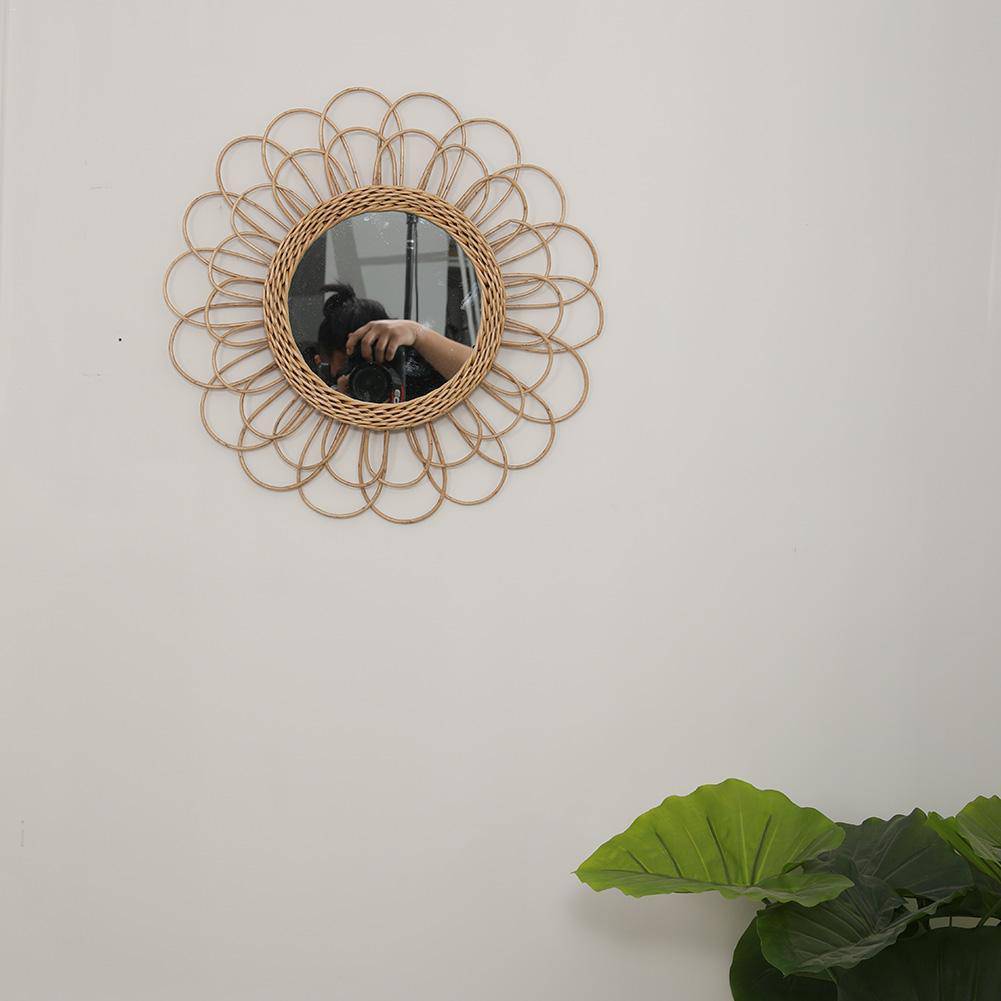Miroir mural rond en rotin, design floral