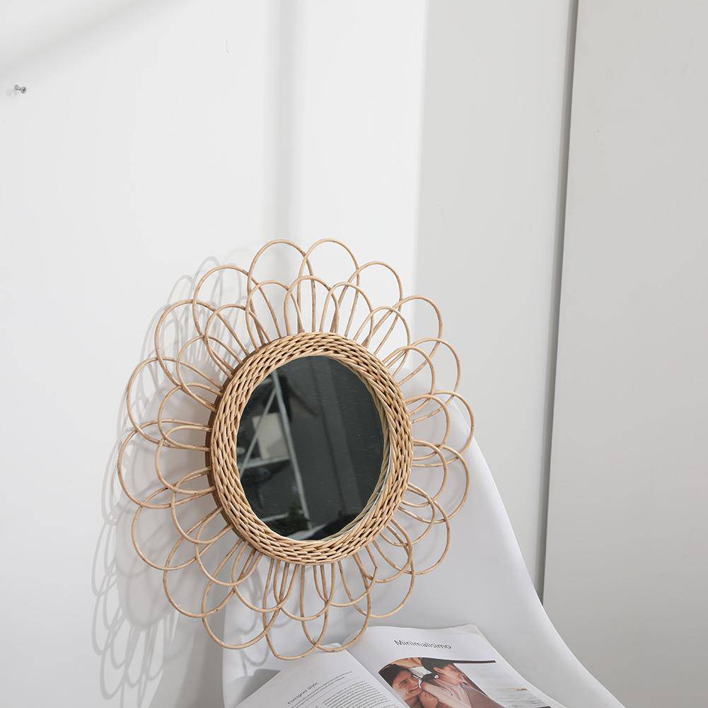 Miroir mural rond en rotin, design floral
