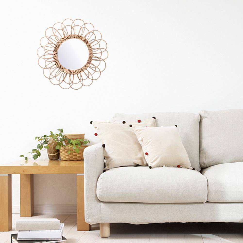Miroir mural rond en rotin, design floral
