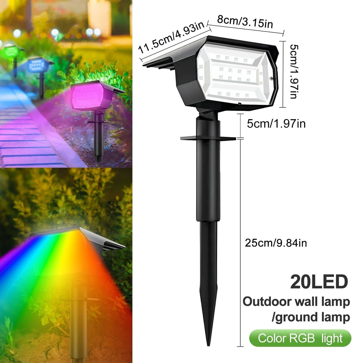 Projecteurs 2 en 1 - Lumière Solaire Extérieur Sans Fil - 20/18LEDs RVB - Changement de Couleur - Étanche - Lampe Murale Solaire pour le Patio et le Jardin | Marco Lucetti