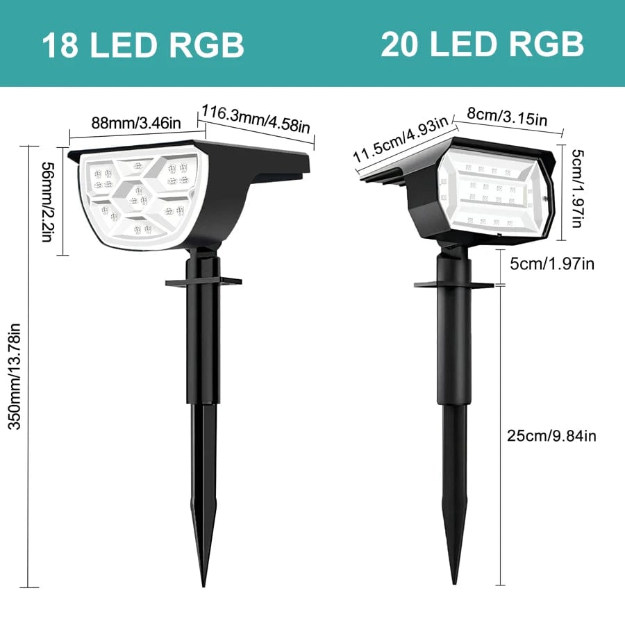 Projecteurs 2 en 1 - Lumière Solaire Extérieur Sans Fil - 20/18LEDs RVB - Changement de Couleur - Étanche - Lampe Murale Solaire pour le Patio et le Jardin | Marco Lucetti