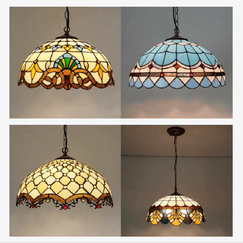Rétro Tiffany Suspension Lumières - Suspension Lustre Baroque Perle Design Vitrail Luxe 16" Mer Bleu Marron | Marco Lucetti