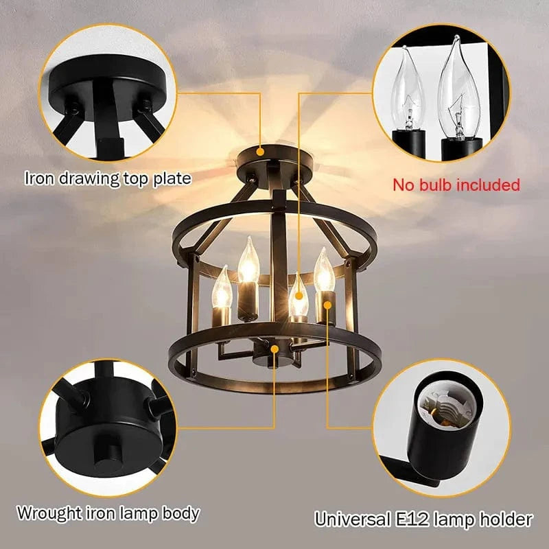 Rustic Glow : Rétro américain Lampe Plafonnier Vintage pour Salon, Salle à Manger, Porche et Cuisine | Marco Lucetti 4 têtes sans ampoule / CHINE / Noir