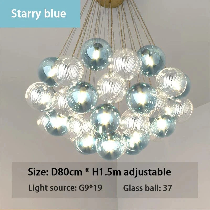 SANDYHA - Lustre Boule de Verre LED Multicolore, Lampe Moderne de Plafond de Style Art en Ferronnerie | Marco Lucetti 37 pelotes Bleu étoilé / Lumière froide