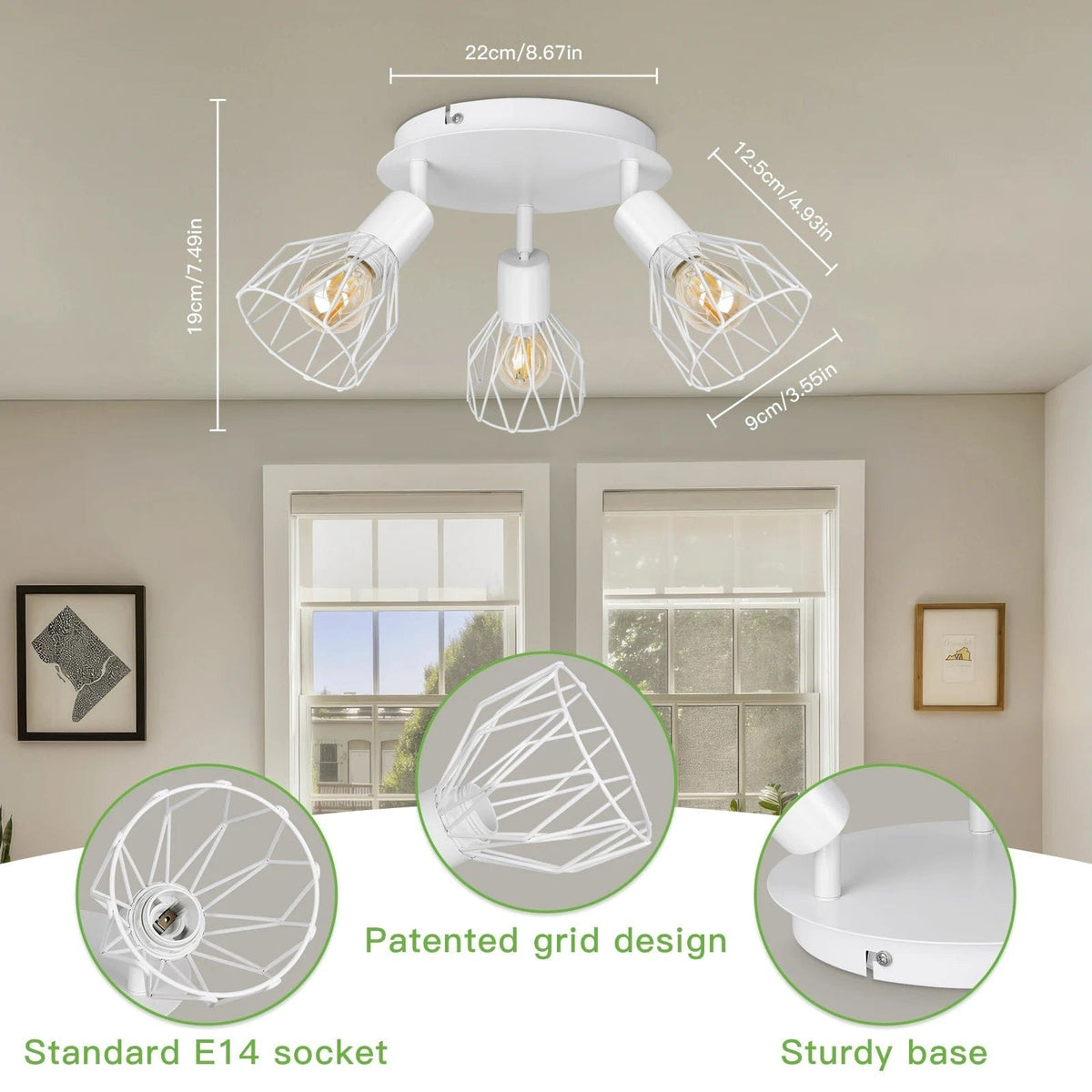 Spot de Plafond Rotatif 3 Voies - Noir/Blanc Plafonniers E14 - Luminaires Fil Cage Mur | Marco Lucetti