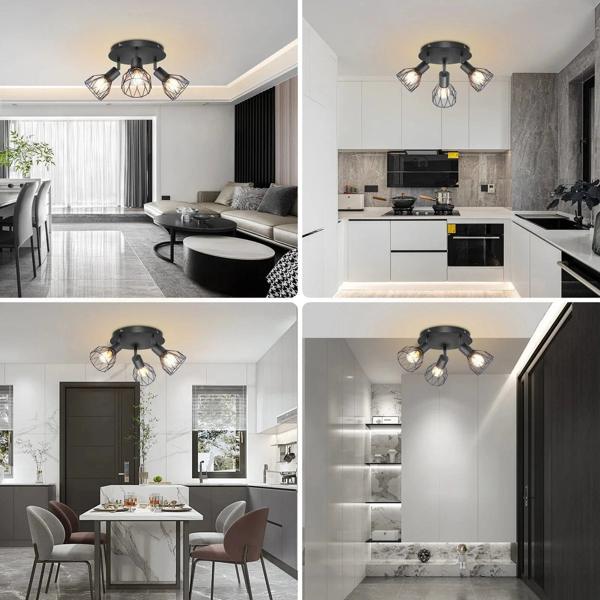 Spot de Plafond Rotatif 3 Voies - Noir/Blanc Plafonniers E14 - Luminaires Fil Cage Mur | Marco Lucetti