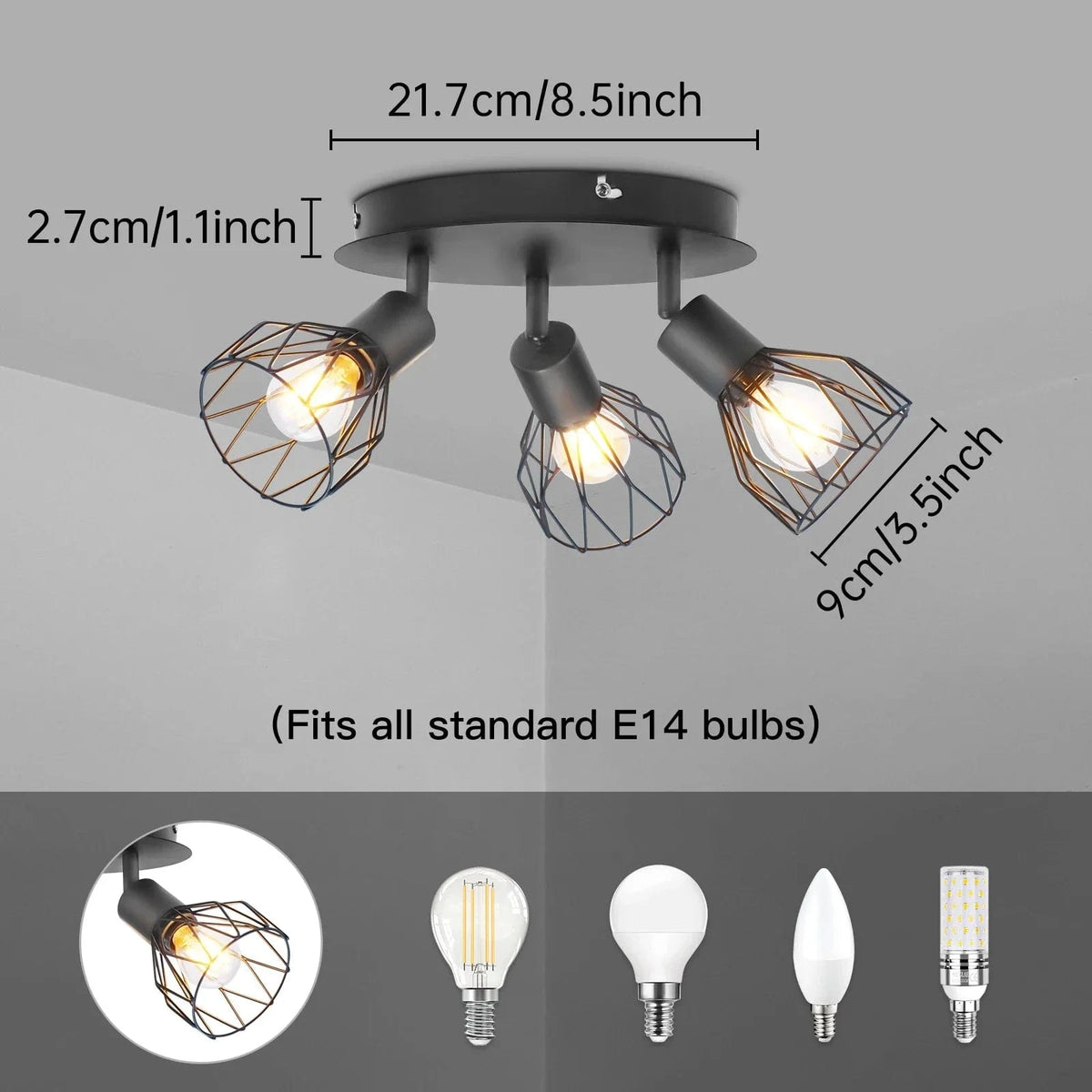 Spot de Plafond Rotatif 3 Voies - Noir/Blanc Plafonniers E14 - Luminaires Fil Cage Mur | Marco Lucetti Noir