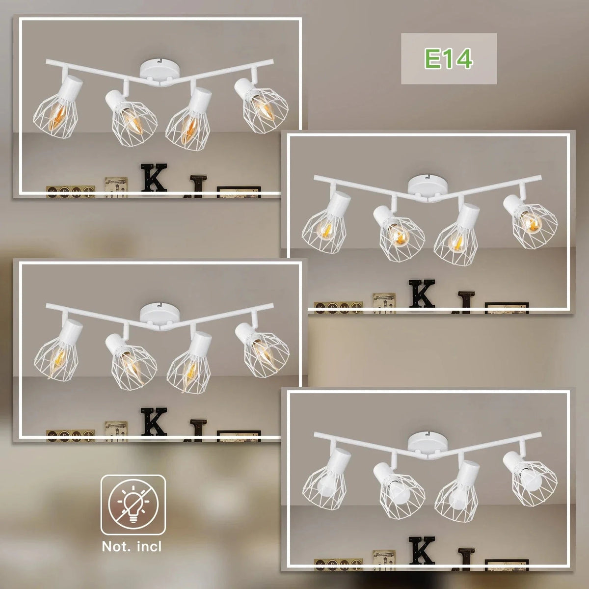 Spot de plafond rotatif 4 voies - Lumières noires/blanches - Cage métallique E14 - Design lumineux | Marco Lucetti