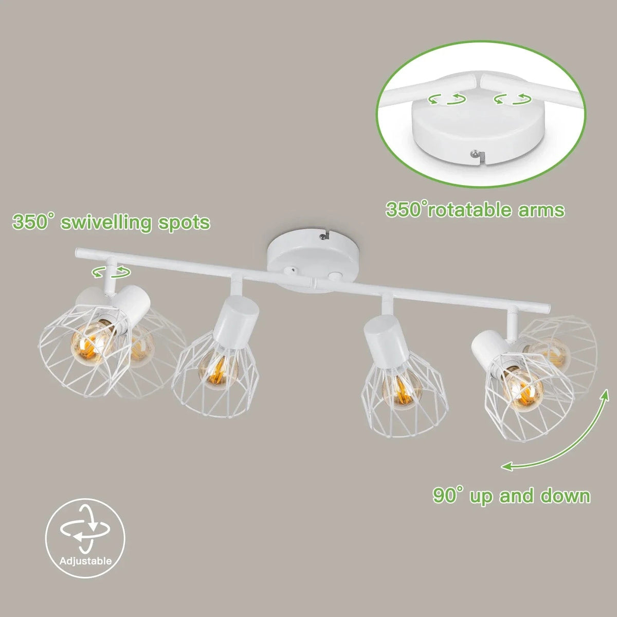 Spot de plafond rotatif 4 voies - Lumières noires/blanches - Cage métallique E14 - Design lumineux | Marco Lucetti