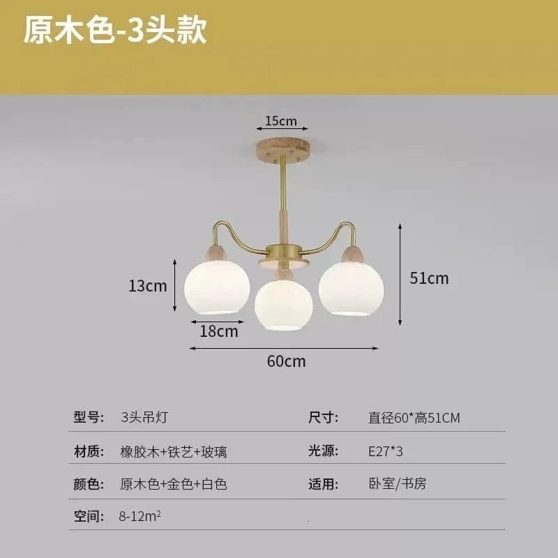 Style chinois : Lustre kaki pour salon et lampes nordiques pour chambre | Marco Lucetti 3 têtes couleur bois / Ampoule non incluse
