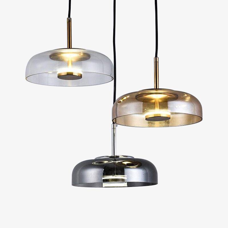 Suspension Amber en verre fumé et tige dorée. | Marco Lucetti