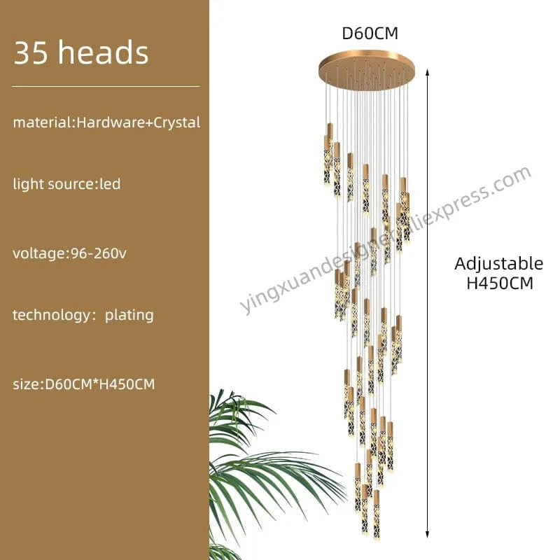 Suspension d'escalier en cristal Luxe & Élégance | Marco Lucetti 35 têtes / Noir / Lumière blanche
