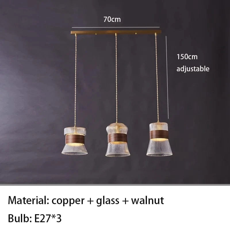 Suspension design en verre transparent avec accents bois et cuivre | Marco Lucetti D-Bois foncé / Lumière naturelle