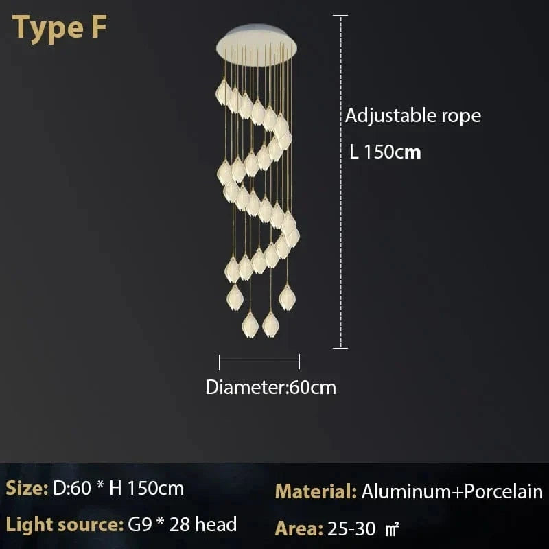 Suspension design Escalier moderne pour hôtel de luxe en céramique avec éclairage LED en forme de pétale | Marco Lucetti 28 têtes / Blanc froid