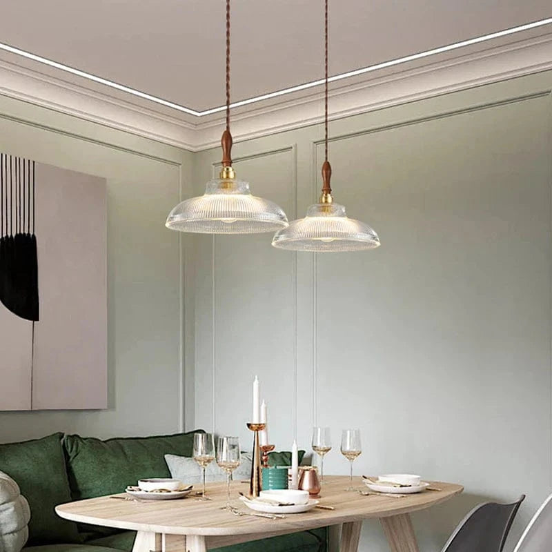 Suspension en verre pour salle à manger - Lustre d'îlot de cuisine moderne en cuivre et bois - Art Luminaire Suspension E27 | Marco Lucetti
