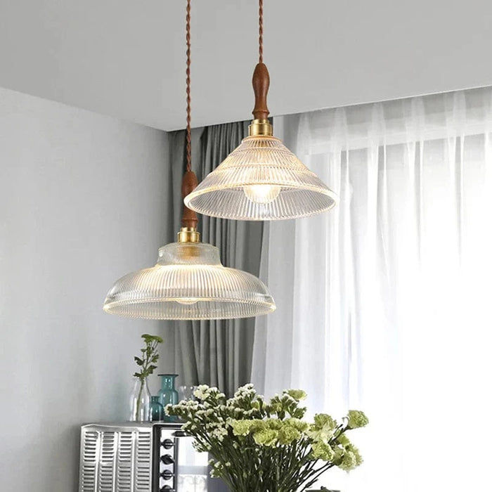 Suspension en verre pour salle à manger - Lustre d'îlot de cuisine moderne en cuivre et bois - Art Luminaire Suspension E27 | Marco Lucetti