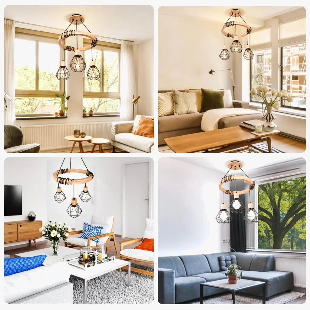Lustre nordique à suspension industrielle en bois avec 3 têtes  pour chambre salon cuisine