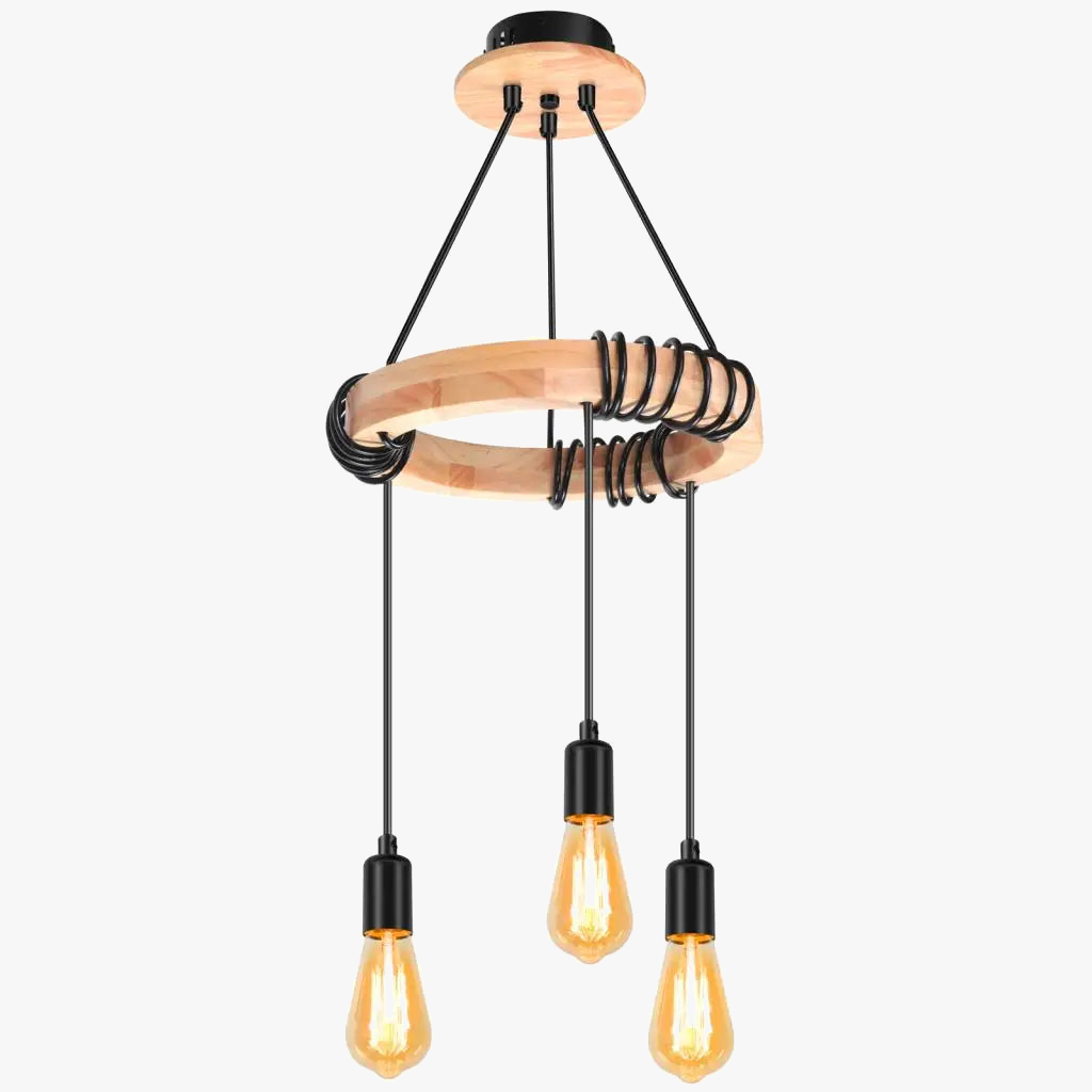 Lustre nordique à suspension industrielle en bois avec 3 têtes  pour chambre salon cuisine