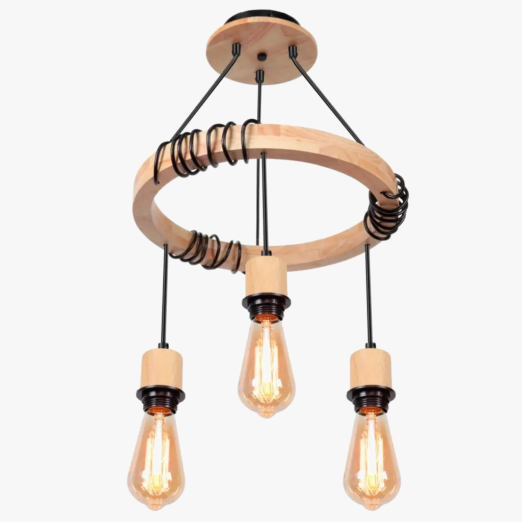 Lustre nordique à suspension industrielle en bois avec 3 têtes  pour chambre salon cuisine
