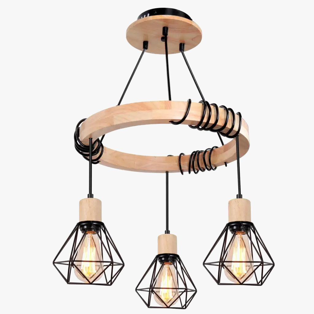 Lustre nordique à suspension industrielle en bois avec 3 têtes  pour chambre salon cuisine