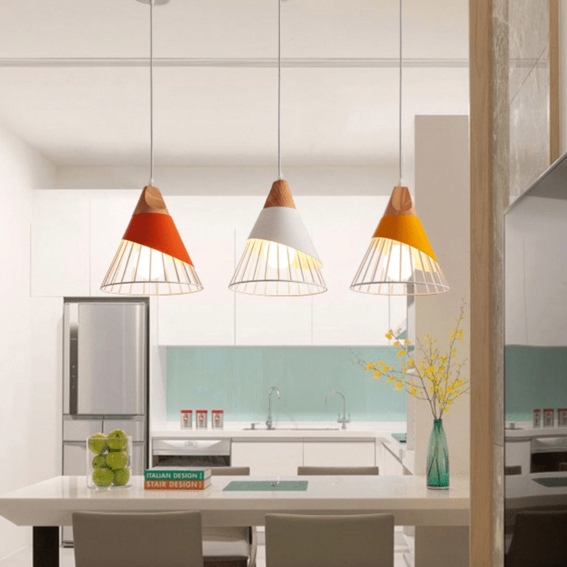 Suspension LED Design en Bois et Cage Colorée. | Marco Lucetti