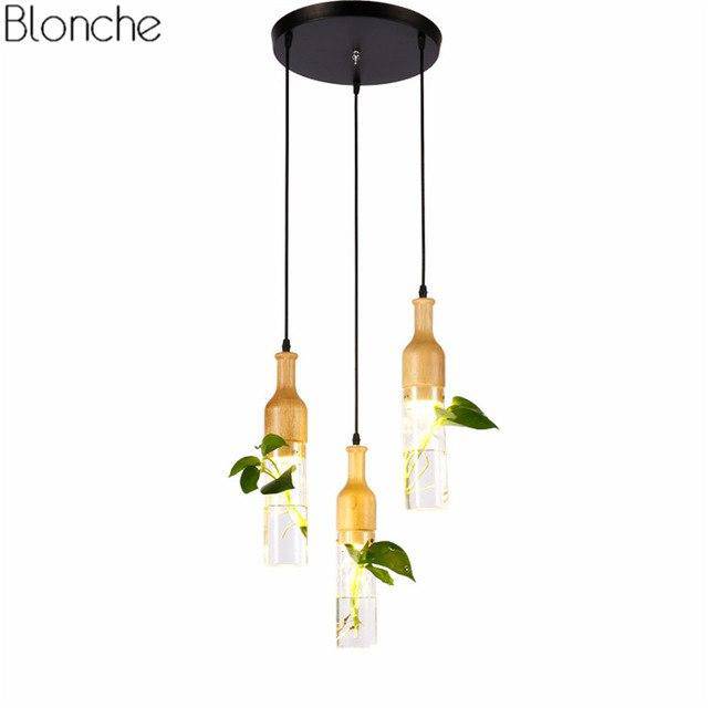 Suspension LED en bois avec plante et réservoir d'eau Bottle - Luminaire EcoGreen | Marco Lucetti 3 lampes - Base ronde