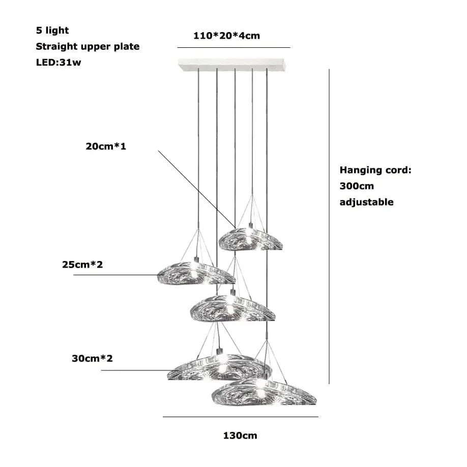 Suspension LED en verre design nordique Manta. | Marco Lucetti Base longue à 5 lumières / Lumière chaude 3000K