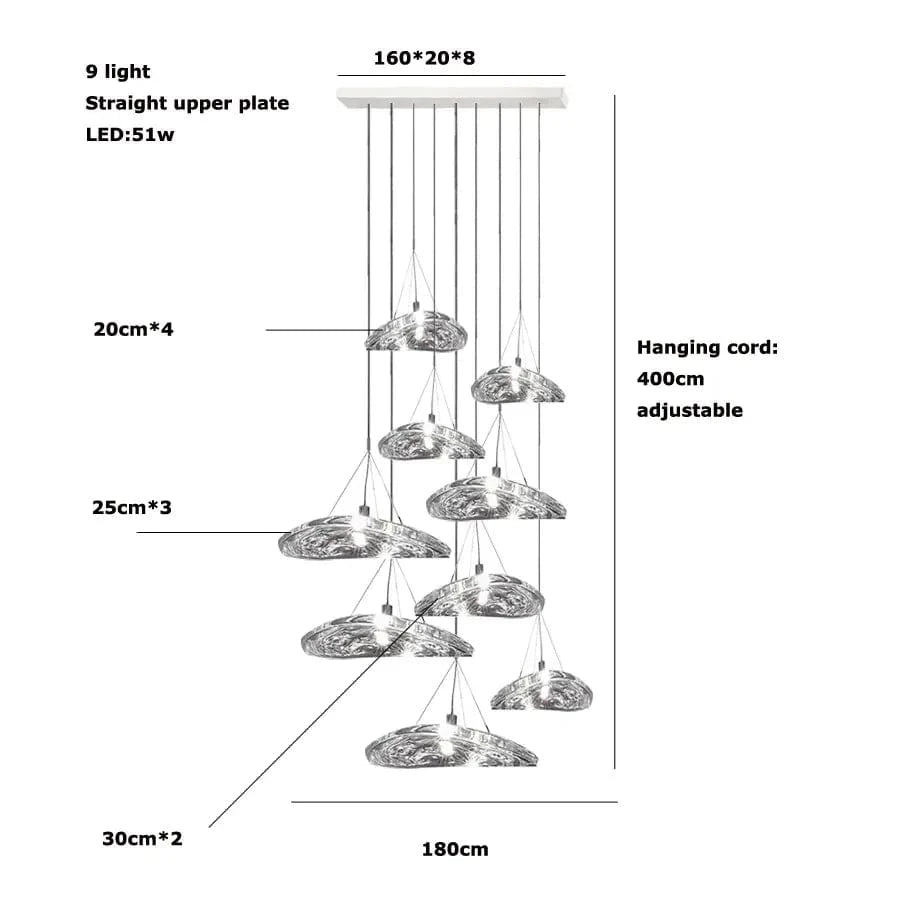 Suspension LED en verre design nordique Manta. | Marco Lucetti Base longue à 9 lumières / Lumière froide 6000K