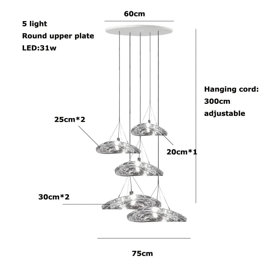 Suspension LED en verre design nordique Manta. | Marco Lucetti Base ronde à 5 lumières / Lumière chaude 3000K