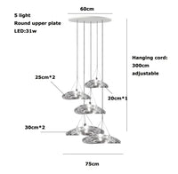Suspension LED en verre design nordique Manta. | Marco Lucetti Base ronde à 5 lumières / Lumière chaude 3000K