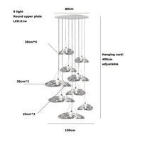 Suspension LED en verre design nordique Manta. | Marco Lucetti Base ronde à 9 lumières / Lumière chaude 3000K