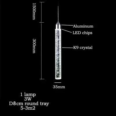 Suspension LED moderne minimaliste "Crystal Glow" pour salle à manger - Tube cylindrique long pour plafonds hauts | Marco Lucetti 1 lampe 3W / Lumière jaune 3000K