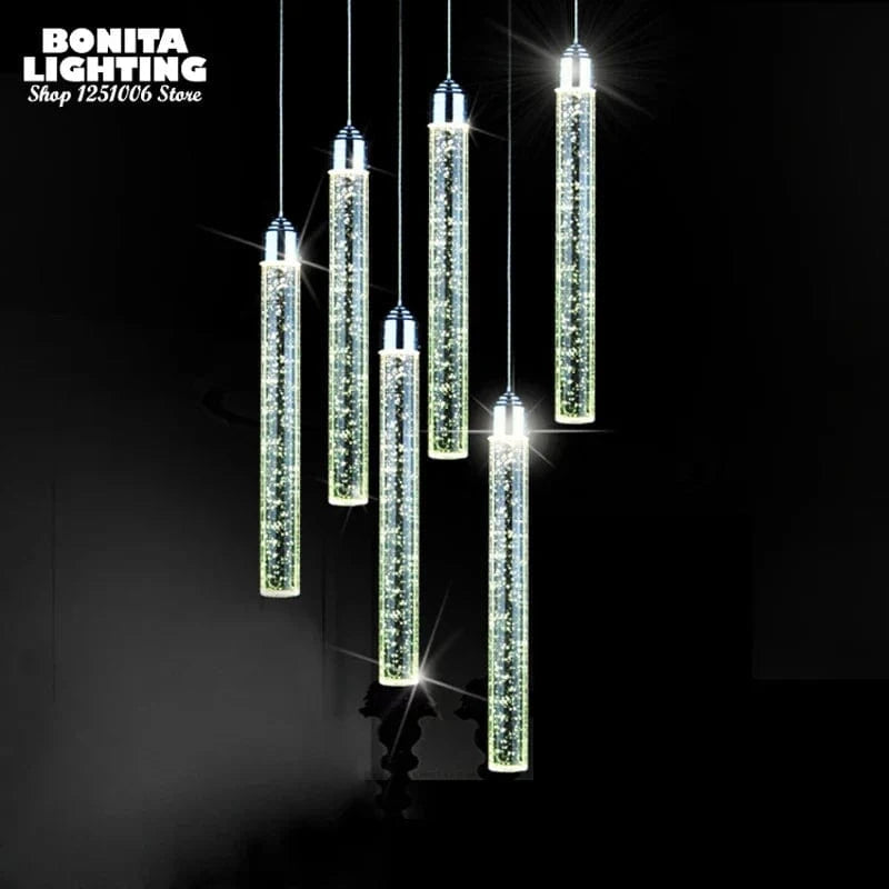 Suspension LED moderne minimaliste "Crystal Glow" pour salle à manger - Tube cylindrique long pour plafonds hauts | Marco Lucetti