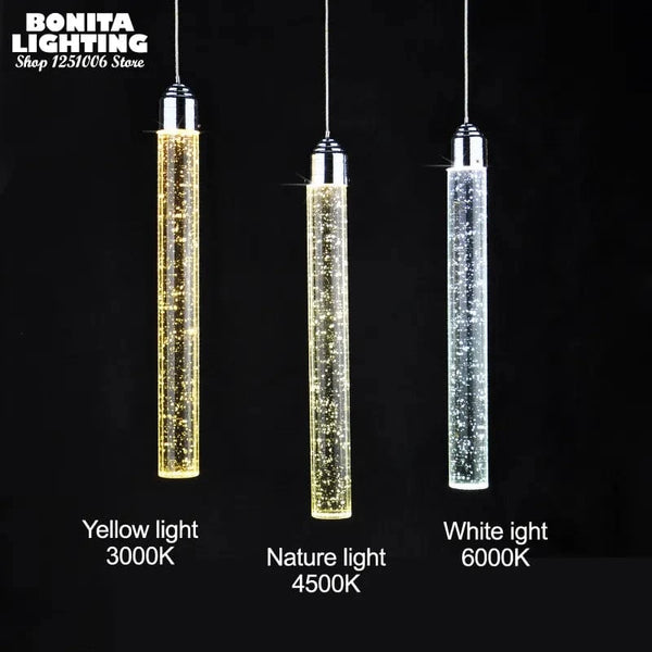 Suspension LED moderne minimaliste "Crystal Glow" pour salle à manger - Tube cylindrique long pour plafonds hauts | Marco Lucetti
