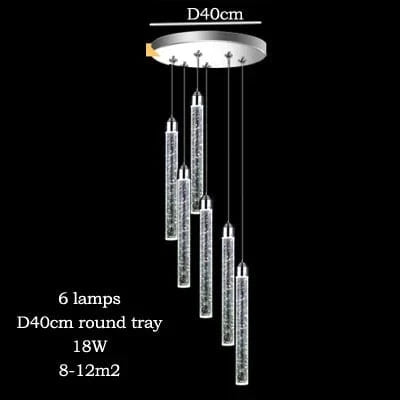 Suspension LED moderne minimaliste "Crystal Glow" pour salle à manger - Tube cylindrique long pour plafonds hauts | Marco Lucetti 6 lampes 18W / Lumière jaune 3000K