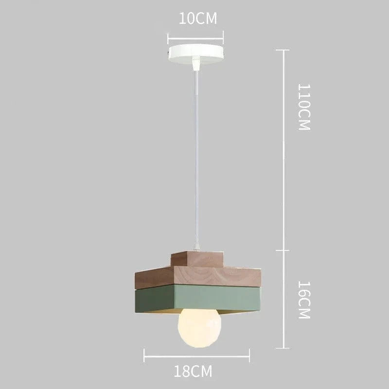 Suspension LED Nordique en Bois et Fer Noir de 18CM Carré - Idéal pour Salon, Chambre, Salle à Manger et Bureau | Marco Lucetti PL076 Carré Vert / Blanc froid
