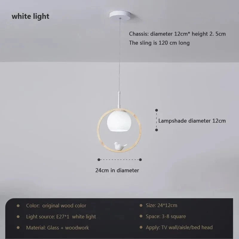 Suspension LED nordique en verre - Oiseau rond en bois | Marco Lucetti PL580 B-blanc