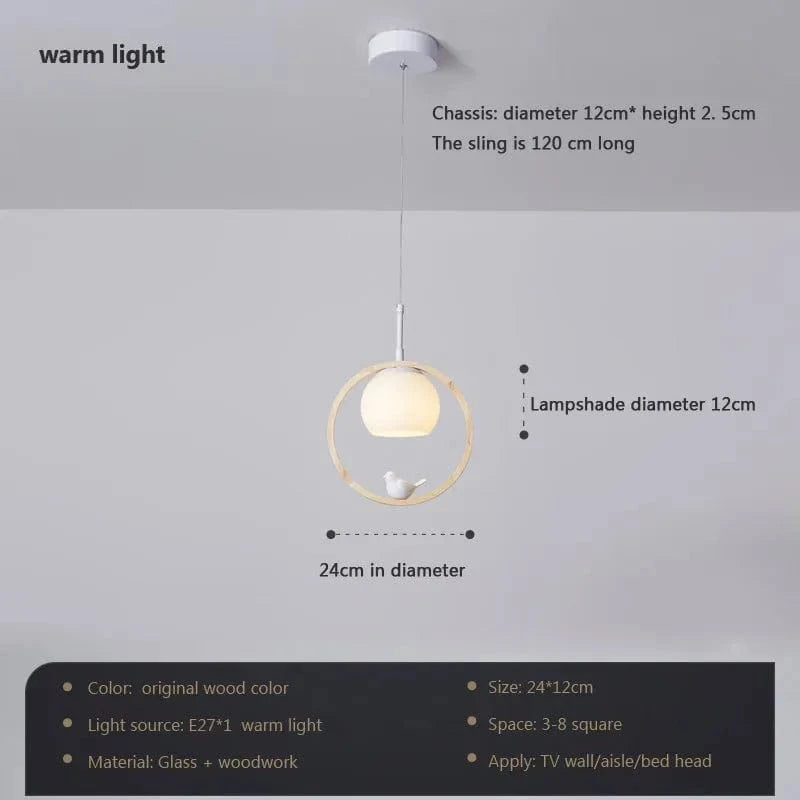 Suspension LED nordique en verre - Oiseau rond en bois | Marco Lucetti PL580 B-chaud