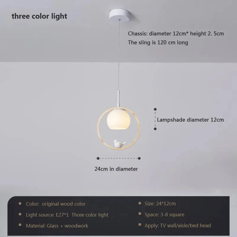 Suspension LED nordique en verre - Oiseau rond en bois | Marco Lucetti PL580 B-trois couleurs