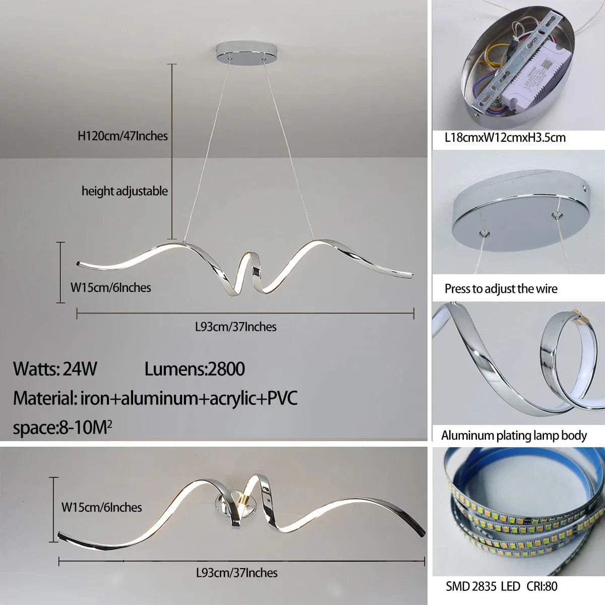 Suspension LED Spirale Chromée | Marco Lucetti Chromé L930mm / Intensité variable sans Alexa