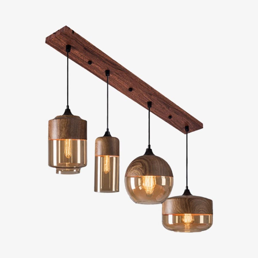 Suspension Loft Retro en bois et verre | Marco Lucetti 4 lampes - Base longue