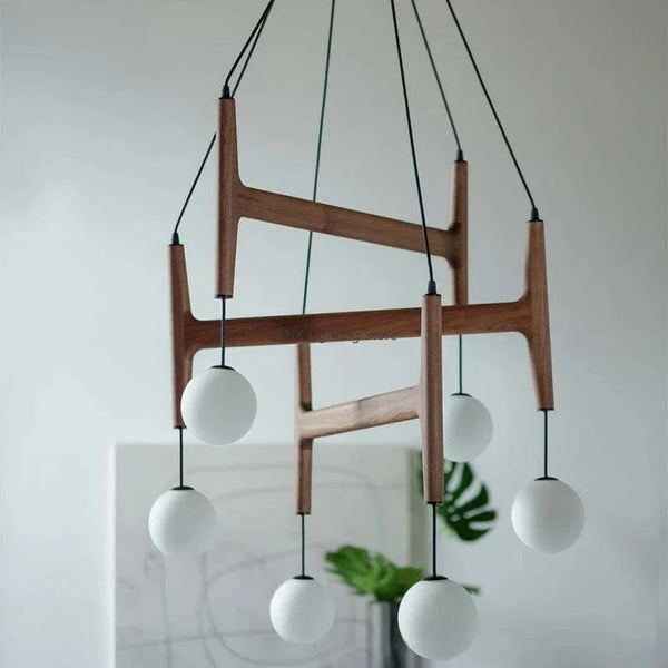 Suspension Lumineuse Italienne en Bois Rétro Multi-têtes ASTRA | Marco Lucetti