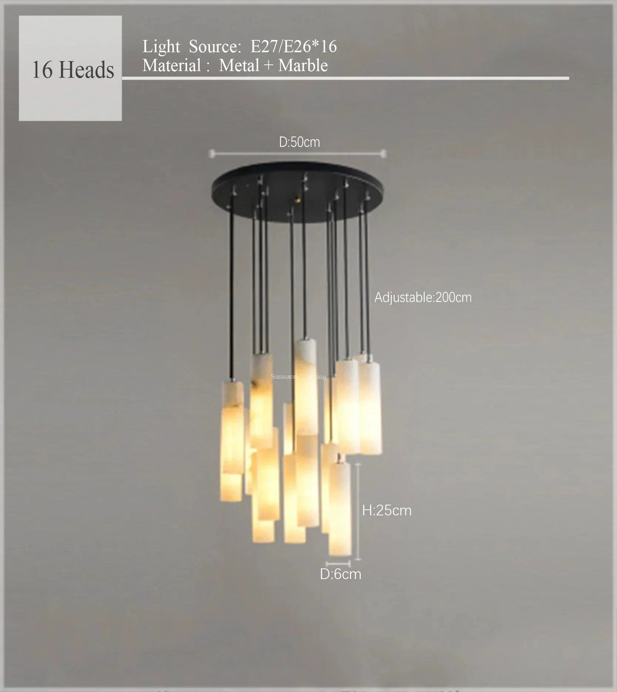 Suspension lustre design "Eclat de Marbre" avec fil réglable | Marco Lucetti 16 lumières / Lumière blanche