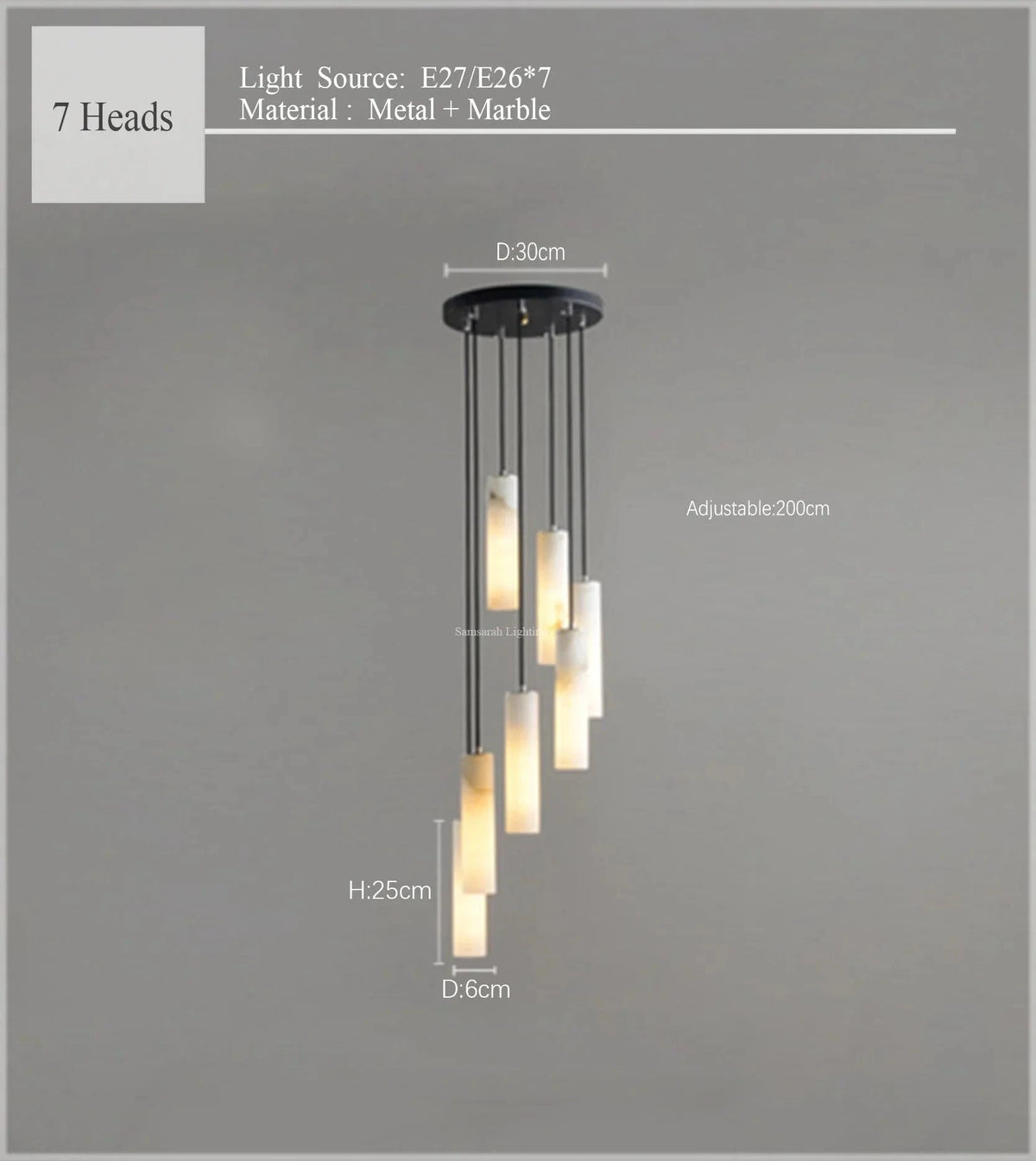 Suspension lustre design "Eclat de Marbre" avec fil réglable | Marco Lucetti 7 lumières / Lumière blanche