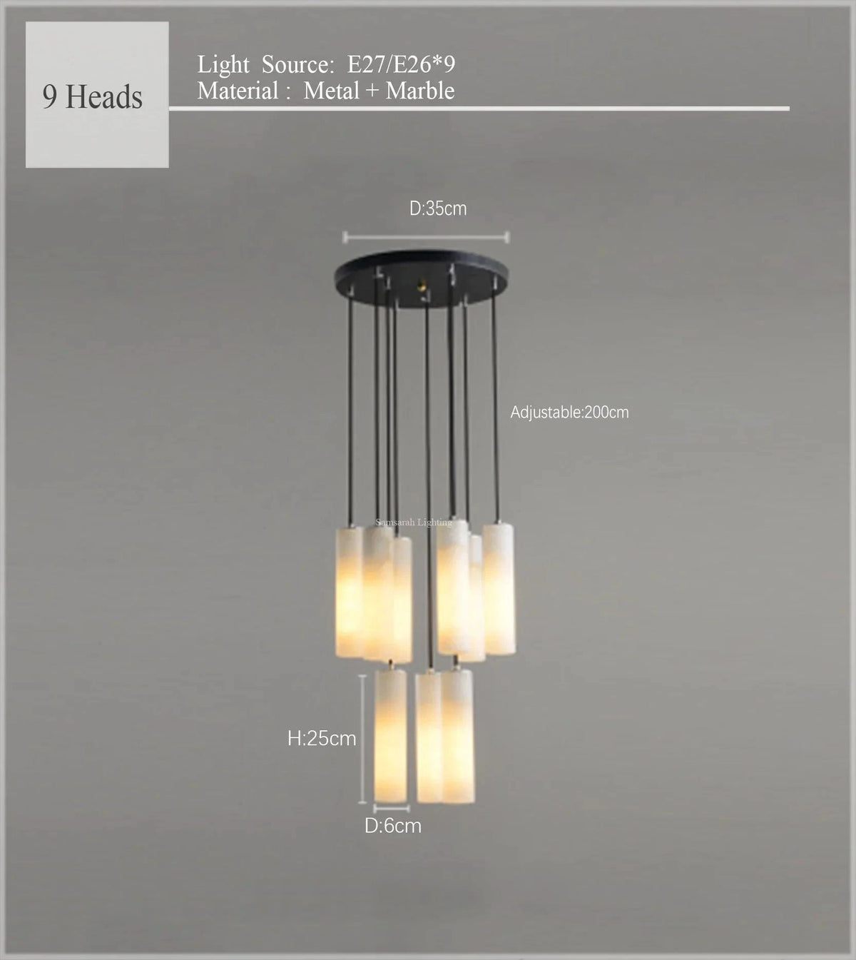 Suspension lustre design "Eclat de Marbre" avec fil réglable | Marco Lucetti 9 lumières / Lumière blanche