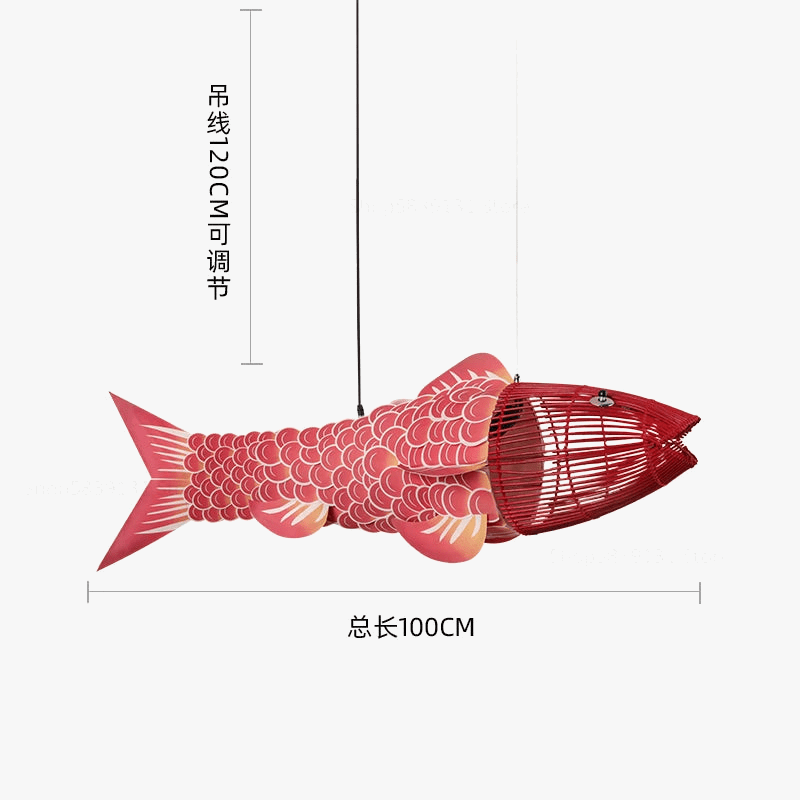 Suspension moderne en bois avec lumières gros poisson style chinois bambou créatif pour restaurant | Marco Lucetti